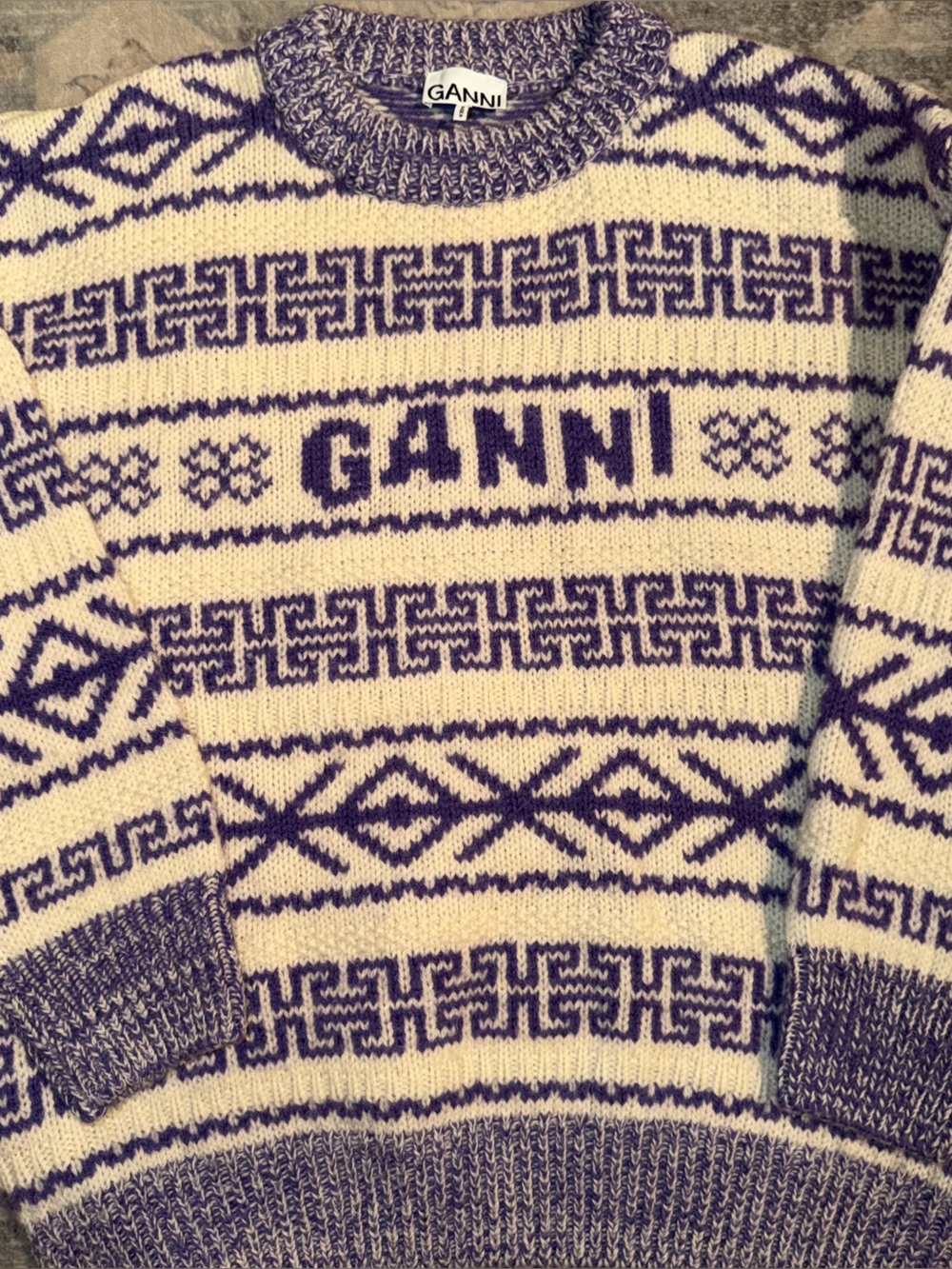 Ganni Cream and Purple Fair Isle Crewneck Sweater